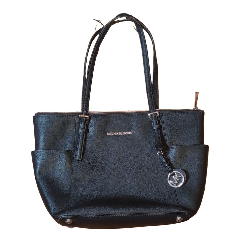 Michael Kors Jet Set Tote Bag Black Leather Saffiano Medium Zip Closure